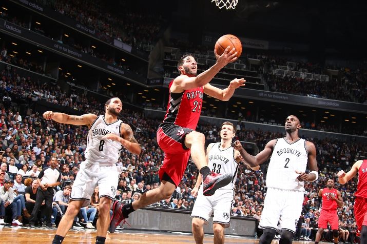 BROOKLYN, NY - APRIL 27: Greivis Vasquez #21 of the Toronto Raptors goes up for the layup against the Brooklyn Nets during Game Four of the Eastern Conference Quarterfinals at Barclays Center in Brooklyn. NOTE TO USER: User expressly acknowledges and agrees that, by downloading and or using this photograph, User is consenting to the terms and conditions of the Getty Images License Agreement. Mandatory Copyright Notice: Copyright 2014 NBAE (Photo by Nathaniel S. Butler/NBAE via Getty Images)