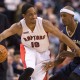 Toronto Raptors guard DeMar DeRozan (10t) struggles to control the ball as he drives around New Orleans Pelicans forward Dante Cunningham, right, during first-half NBA basketball game action in Toronto, Sunday, Jan. 18, 2015. (AP Photo/The Canadian Press, Frank Gunn)