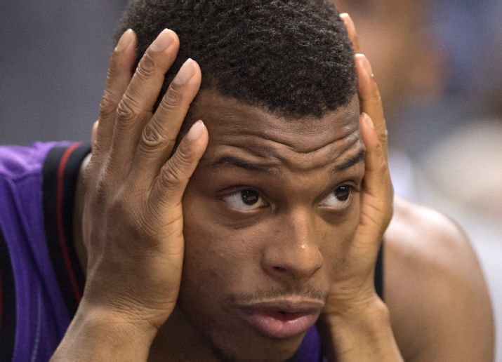 Toronto Raptors' Kyle Lowry reacts during the second half of an NBA basketball game, Friday, Jan. 16, 2015 in Toronto. (AP Photo/The Canadian Press, Frank Gunn)