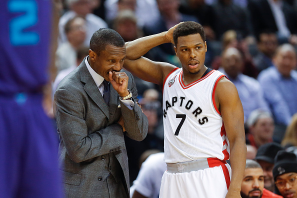 TORONTO, ON - APRIL 5 - Raptors' coach Dwane Casey chats with Kyle Lowry in the first half during first half action between the Toronto Raptors and Charlotte Hornets. April 5, 2016. (Bernard Weil/Toronto Star via Getty Images)