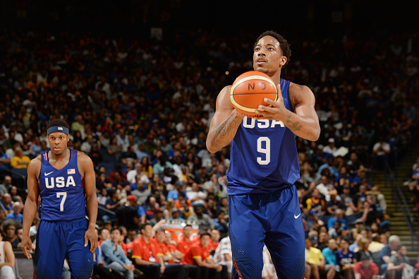 OAKLAND, CA - JULY 26: DeMar DeRozan #9 of the USA Basketball Men's National Team shoots a free throw against China on July 26, 2016 at ORACLE Arena in Oakland, California. NOTE TO USER: User expressly acknowledges and agrees that, by downloading and/or using this Photograph, user is consenting to the terms and conditions of the Getty Images License Agreement. Mandatory Copyright Notice: Copyright 2016 NBAE (Photo by Noah Graham/NBAE via Getty Images)