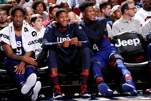 HOUSTON, TX - AUGUST 1: DeMar DeRozan #9, Paul George #13 and Jimmy Butler #4 of the USA Basketball Men's National Team watch their teammates during the game against Nigeria during the USA Basketball Showcase on August 1, 2016 at the Toyota Center in Houston, Texas. NOTE TO USER: User expressly acknowledges and agrees that, by downloading and or using this photograph, User is consenting to the terms and conditions of the Getty Images License Agreement. Mandatory Copyright Notice: Copyright 2016 NBAE (Photo by Bill Baptist/NBAE via Getty Images)