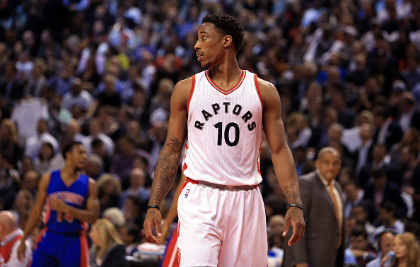TORONTO, ON - OCTOBER 26: DeMar DeRozan #10 of the Toronto Raptors during an NBA game against the Detroit Pistons at Air Canada Centre on October 26, 2016 in Toronto, Canada. NOTE TO USER: User expressly acknowledges and agrees that, by downloading and or using this photograph, User is consenting to the terms and conditions of the Getty Images License Agreement. (Photo by Vaughn Ridley/Getty Images)
