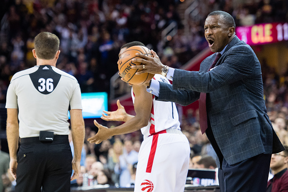 CLEVELAND, OH - NOVEMBER 15: Dwane Casey of the Toronto Raptors reacts to a call during the second half against the Cleveland Cavaliers at Quicken Loans Arena on November 15, 2016 in Cleveland, Ohio. The Cavaliers defeated the Raptors 121-117. NOTE TO USER: User expressly acknowledges and agrees that, by downloading and/or using this photograph, user is consenting to the terms and conditions of the Getty Images License Agreement. Mandatory copyright notice. (Photo by Jason Miller/Getty Images) *** Local Caption *** Dwane Casey