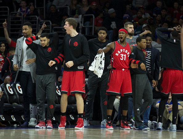 PHILADELPHIA, PA - DECEMBER 14: Cory Joseph #6, Jakob Poeltl #42, Terrence Ross #31, Kyle Lowry #7 and the rest of the Toronto Raptors bench reacts in the second quarter against the Philadelphia 76ers at Wells Fargo Center on December 14, 2016 in Philadelphia, Pennsylvania. NOTE TO USER: User expressly acknowledges and agrees that, by downloading and or using this photograph, User is consenting to the terms and conditions of the Getty Images License Agreement. (Photo by Mitchell Leff/Getty Images)