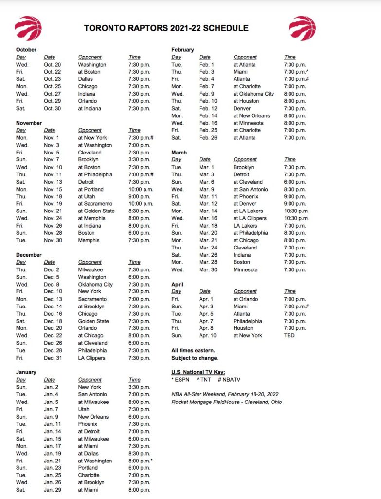 El calendario de los Raptors para la temporada 2021-22.