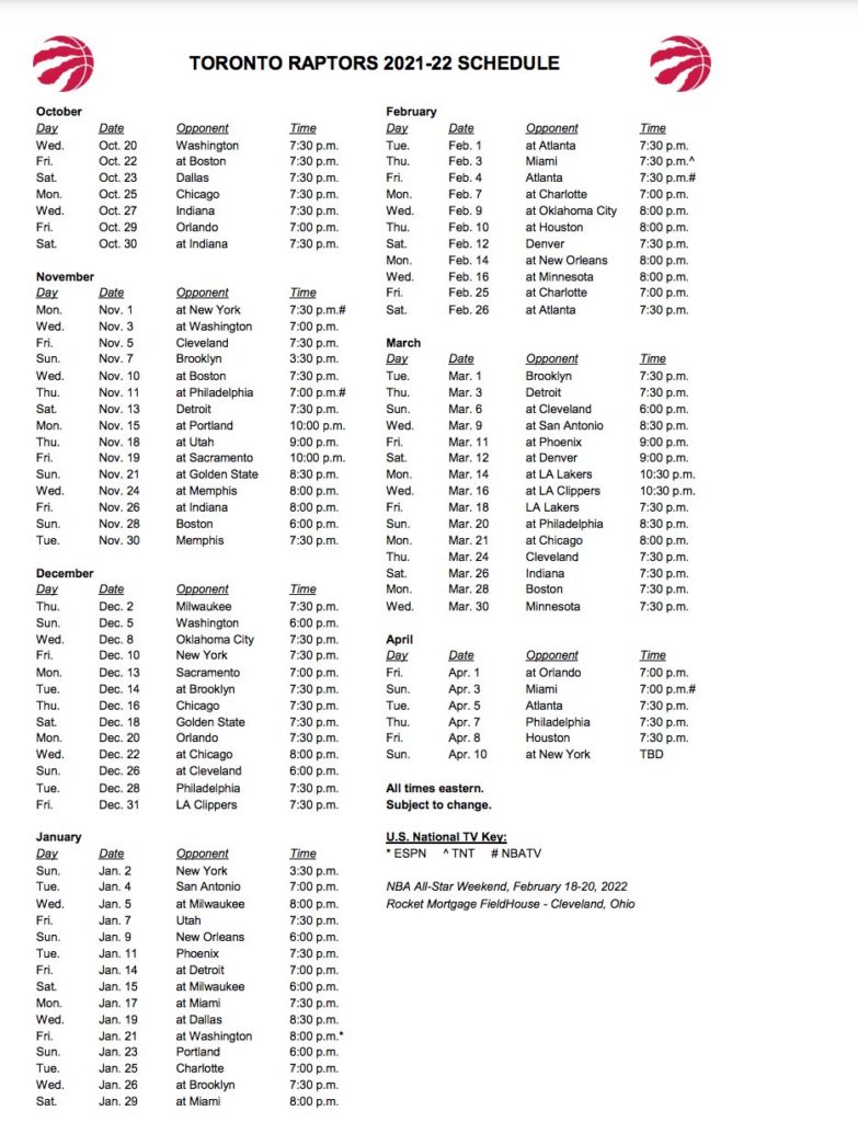 Toronto Raptors 202122 Preseason and Regular Season Schedule Raptors Republic